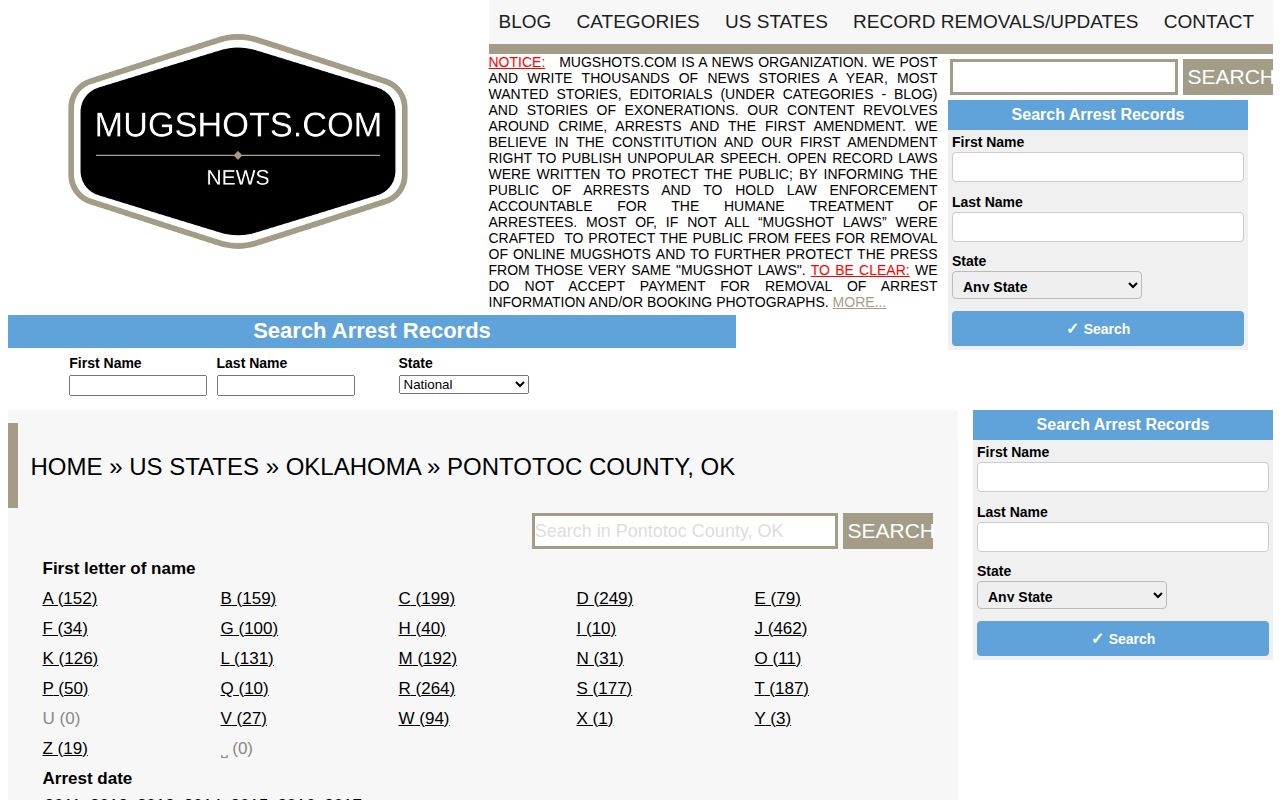 Screenshot of the historical Mugshots.com Pontotoc County section