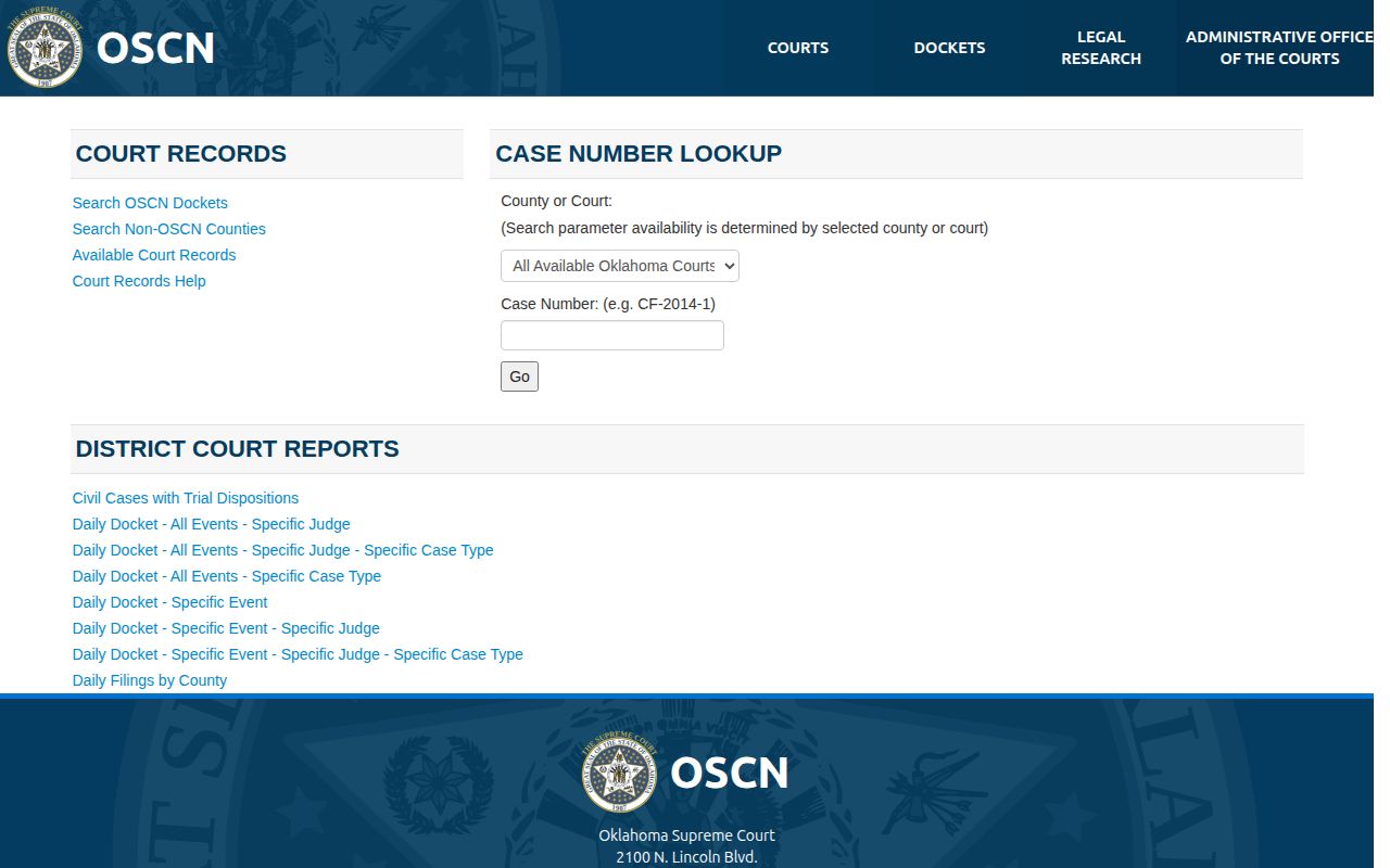 Pontotoc County Oklahoma court disposition and arrest record docket search